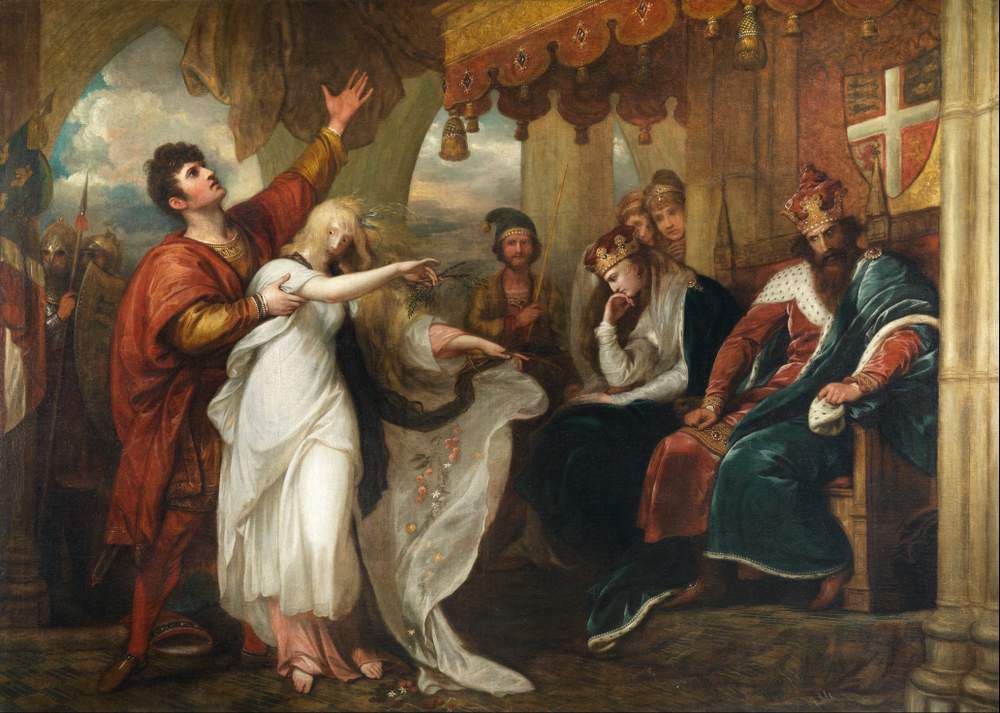 Painting by Benjamin West (1792) of Ophelia in white robes 'fainting' before the King and Queen