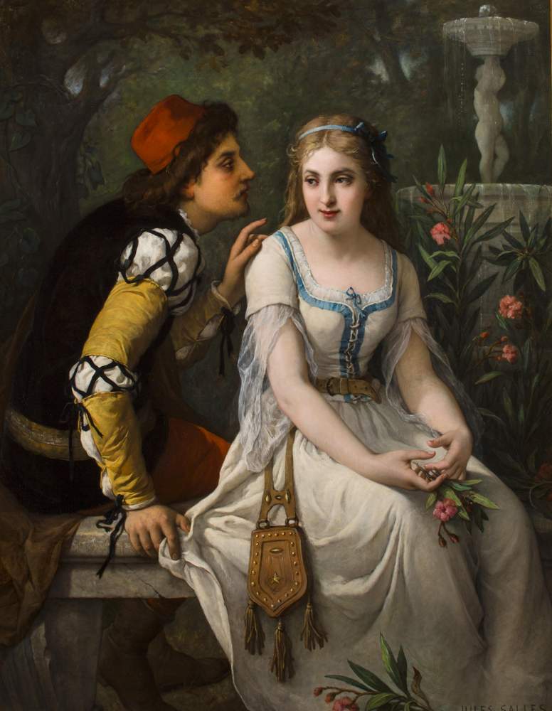 Juliet sits on a bench with flowers in her hand, whilst Romeo whispers into her ear.